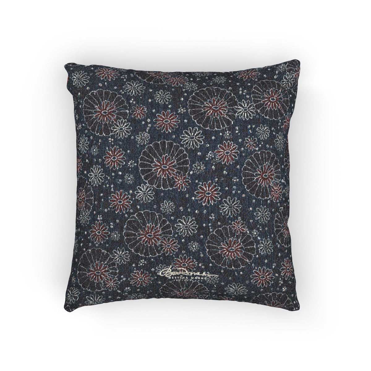 Maroon Daisies On Blue Woven Pillow