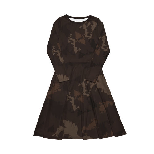 Dark Chocolate Abstract Forest Long Sleeve Midi Dress