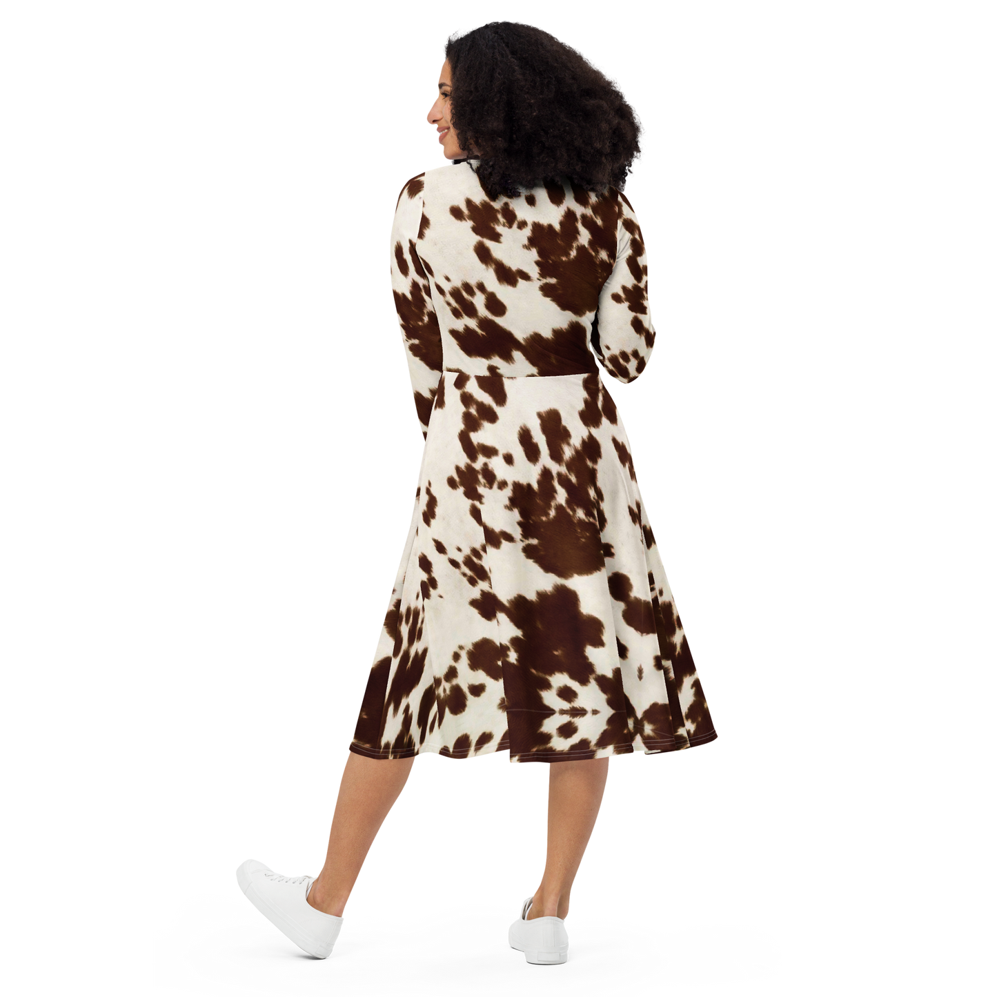 Brown Pony Skin Long Sleeve Midi Dress