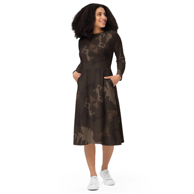 Dark Chocolate Abstract Forest Long Sleeve Midi Dress