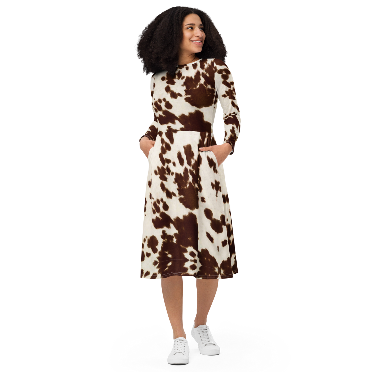 Brown Pony Skin Long Sleeve Midi Dress