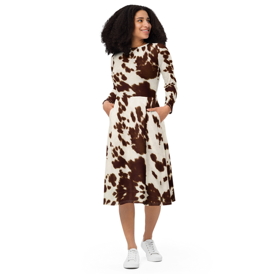 Brown Pony Skin Long Sleeve Midi Dress