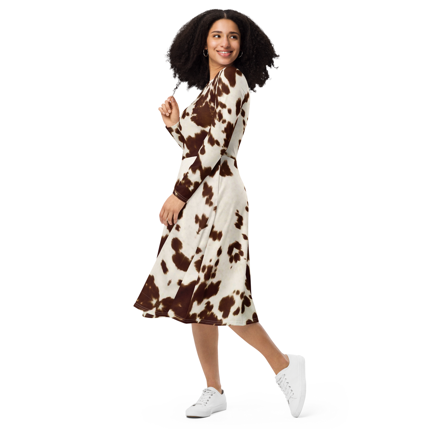 Brown Pony Skin Long Sleeve Midi Dress