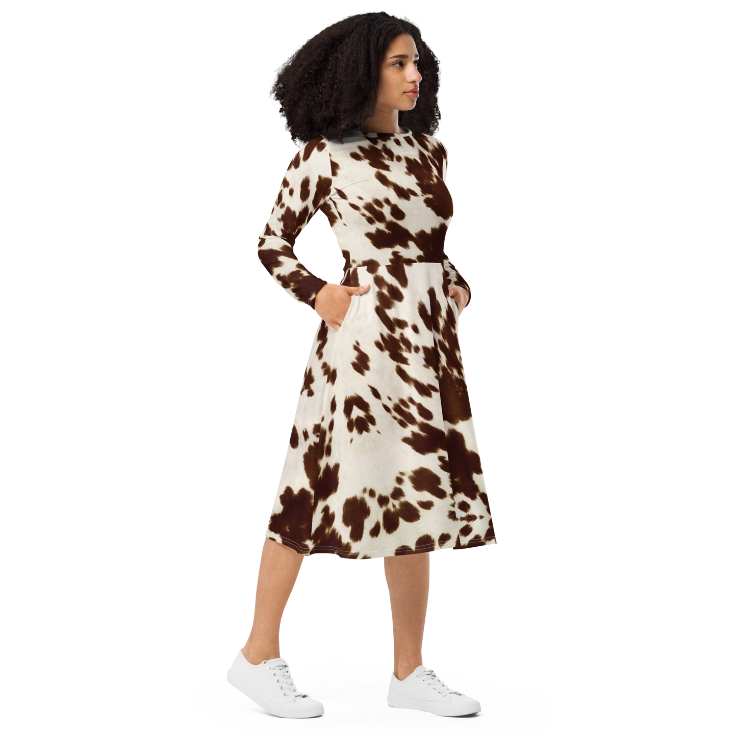 Brown Pony Skin Long Sleeve Midi Dress