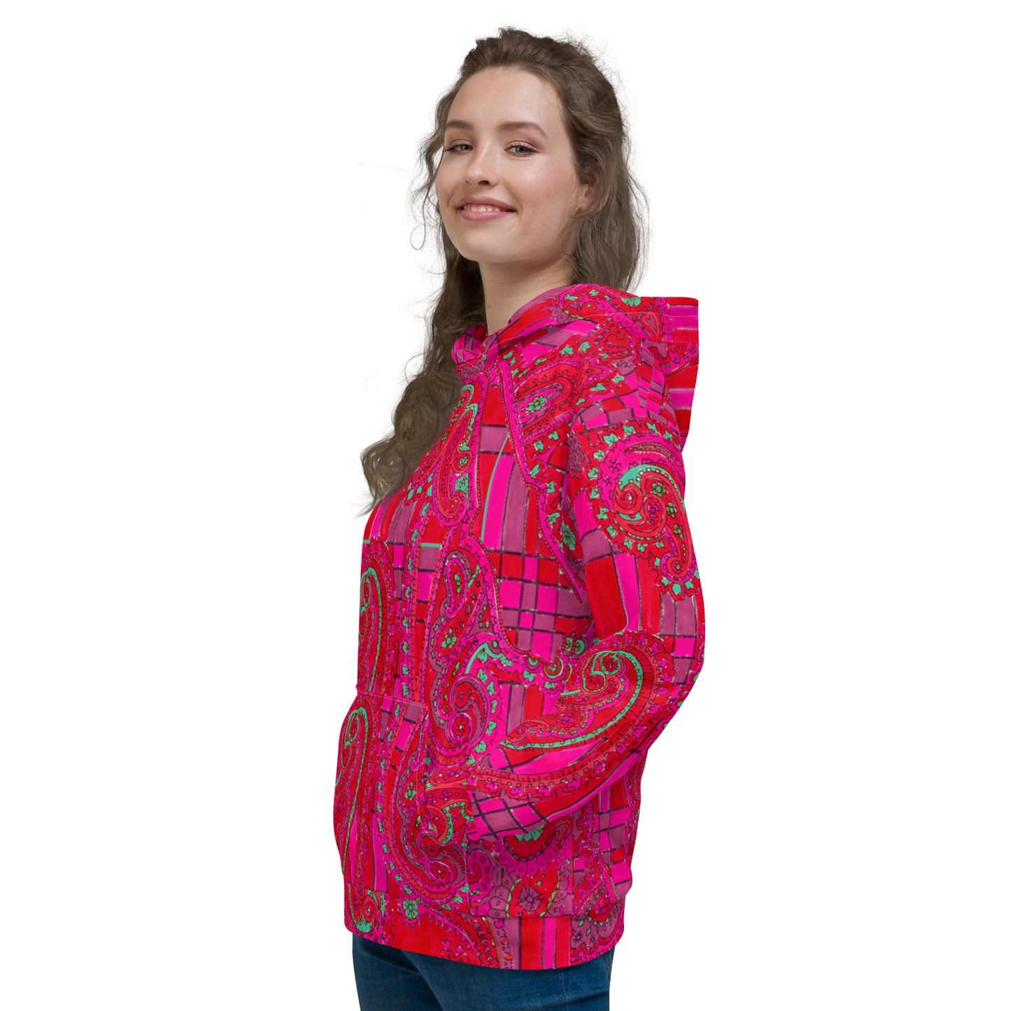 Recycled Unisex Hoodie - Bright Fuscia and Red Poppy Paisley on Plaid - Women