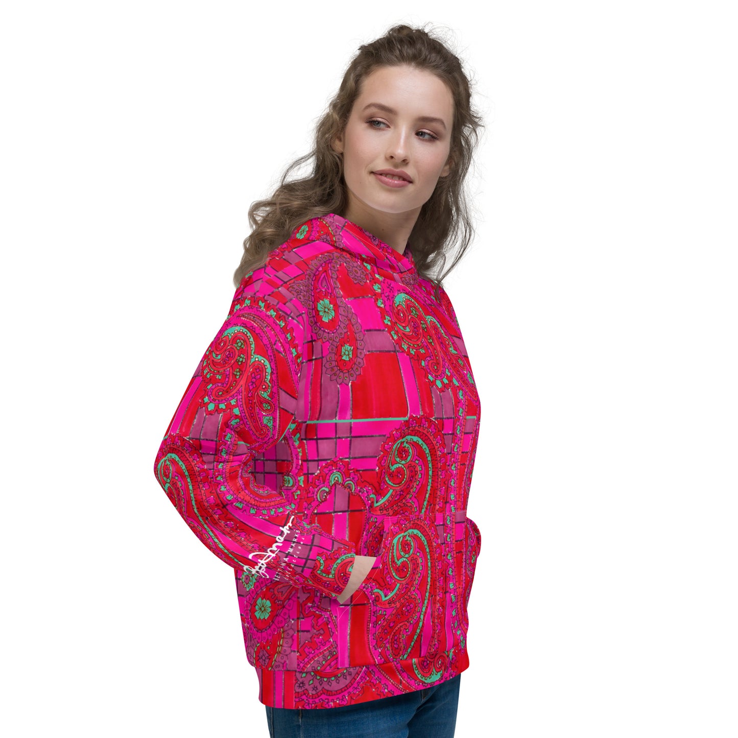 Recycled Unisex Hoodie - Bright Fuscia and Red Poppy Paisley on Plaid - Women