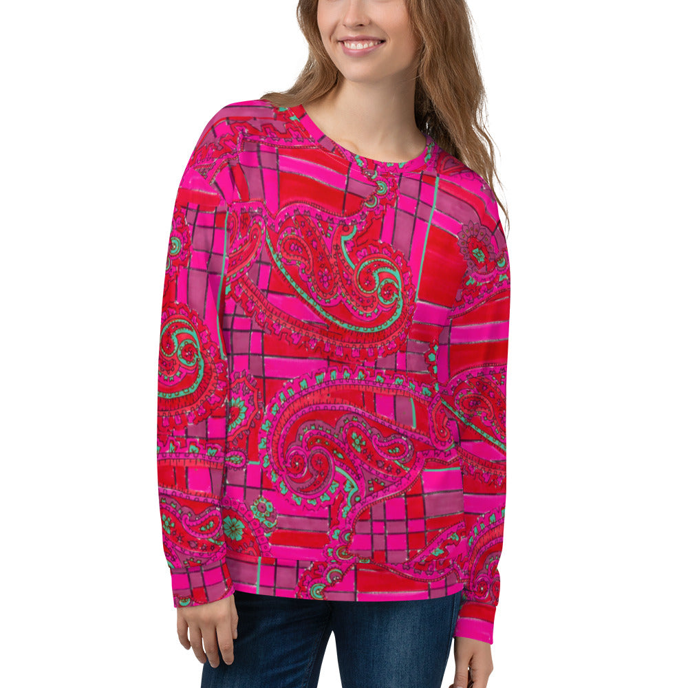 Recycled Unisex Sweatshirt - Bright Fuscia and Red Poppy Paisley on Plaid - Women