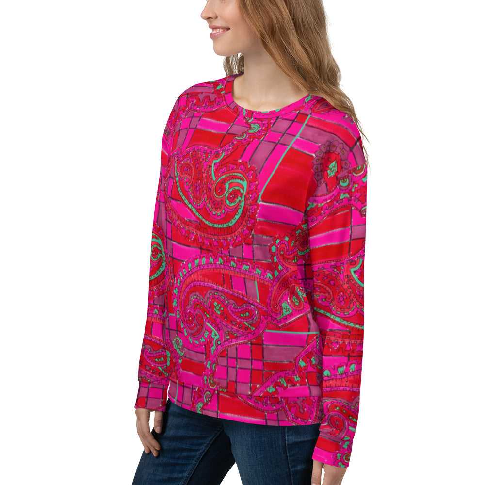 Recycled Unisex Sweatshirt - Bright Fuscia and Red Poppy Paisley on Plaid - Women