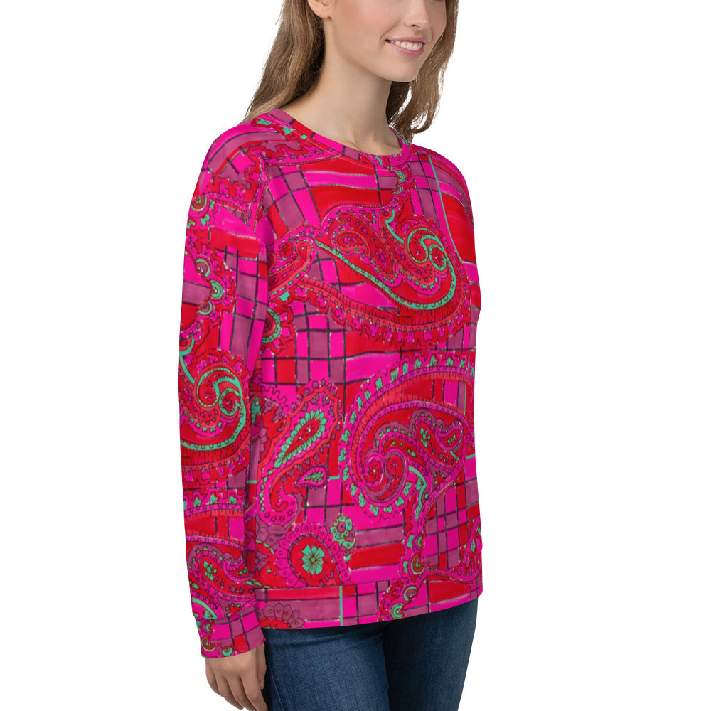 Recycled Unisex Sweatshirt - Bright Fuscia and Red Poppy Paisley on Plaid - Women