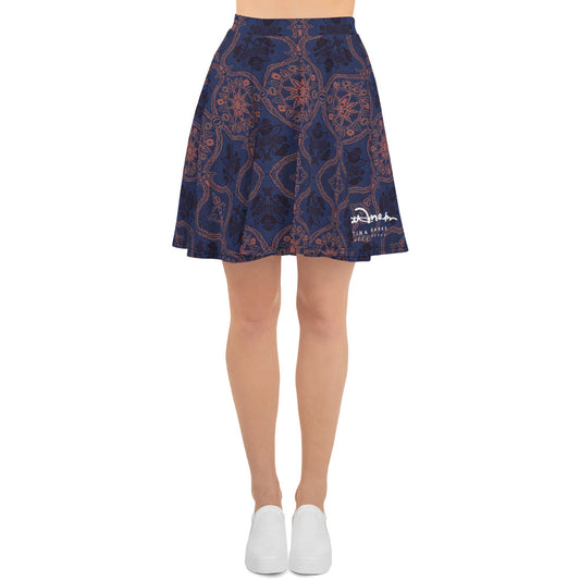 Sargasso Blue and Mellow Rose Damask Skater Skirt