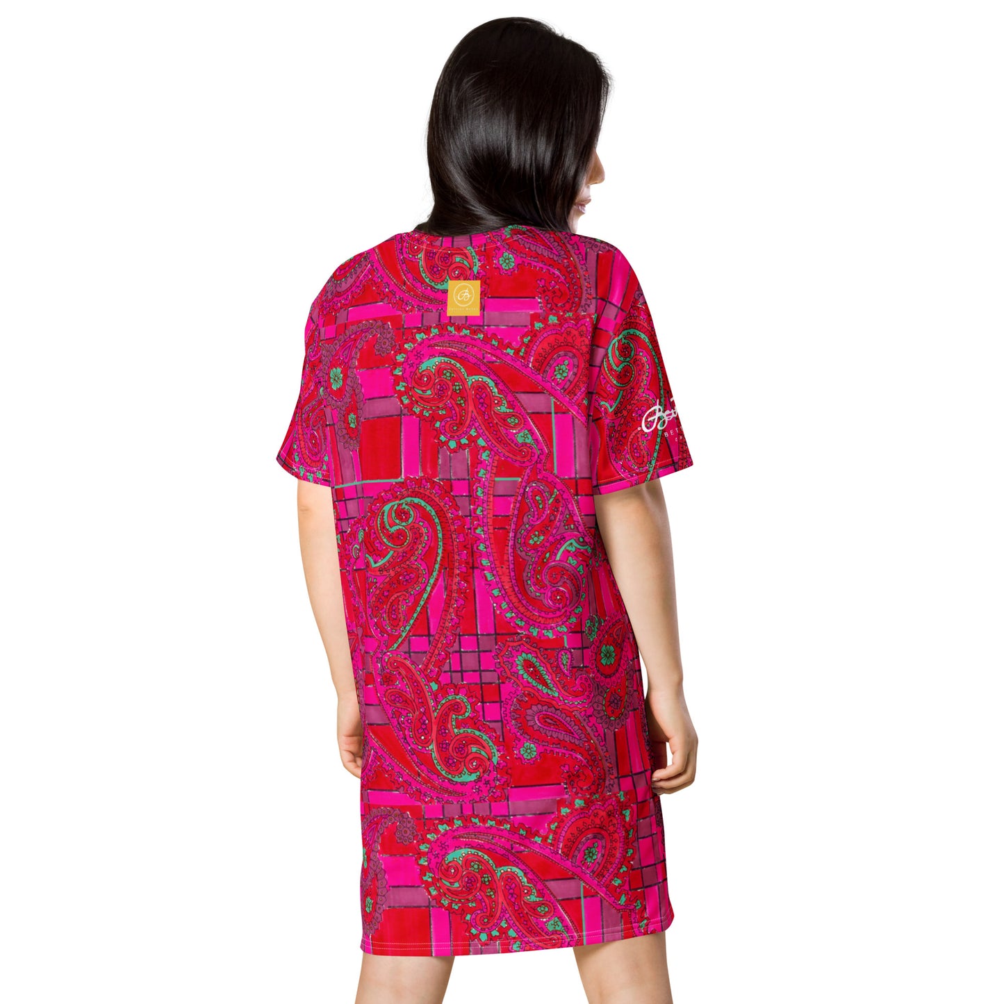 Bright Fuscia and Red Poppy Paisley on Plaid T-shirt dress