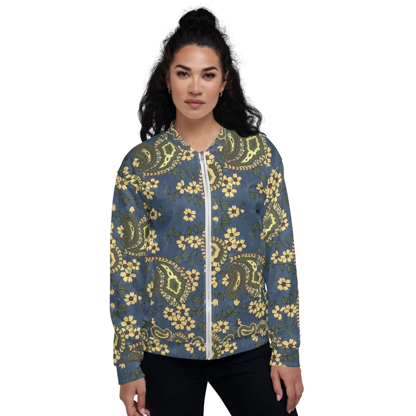 Recycled Unisex Bomber Jacket - Vintage Blue Paisley - Women