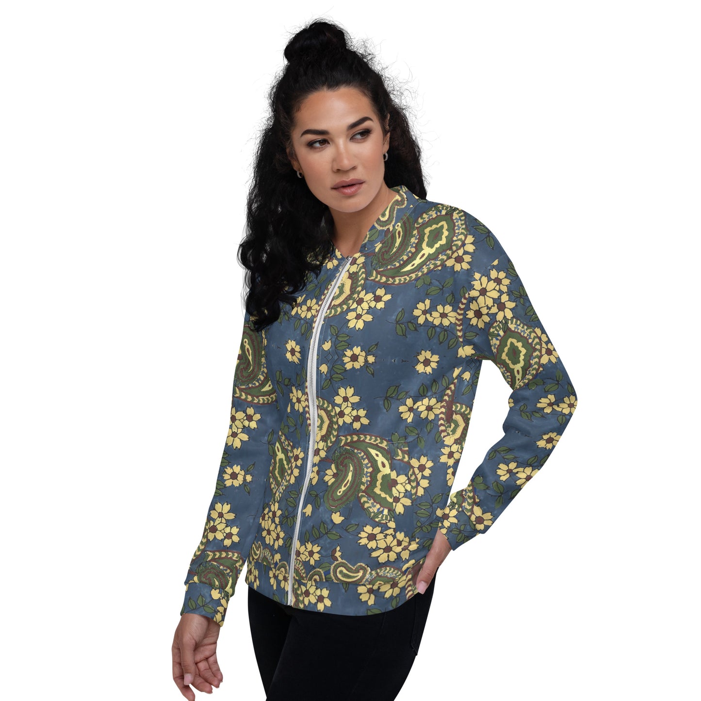 Recycled Unisex Bomber Jacket - Vintage Blue Paisley - Women