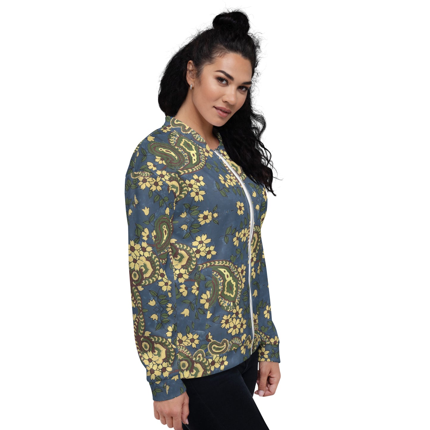 Recycled Unisex Bomber Jacket - Vintage Blue Paisley - Women