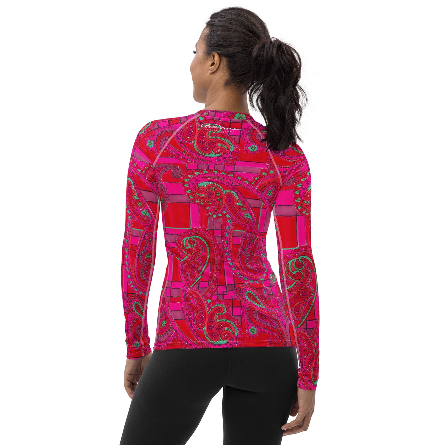 Bright Fuscia and Red Poppy Paisley on Plaid Long Sleeve Top