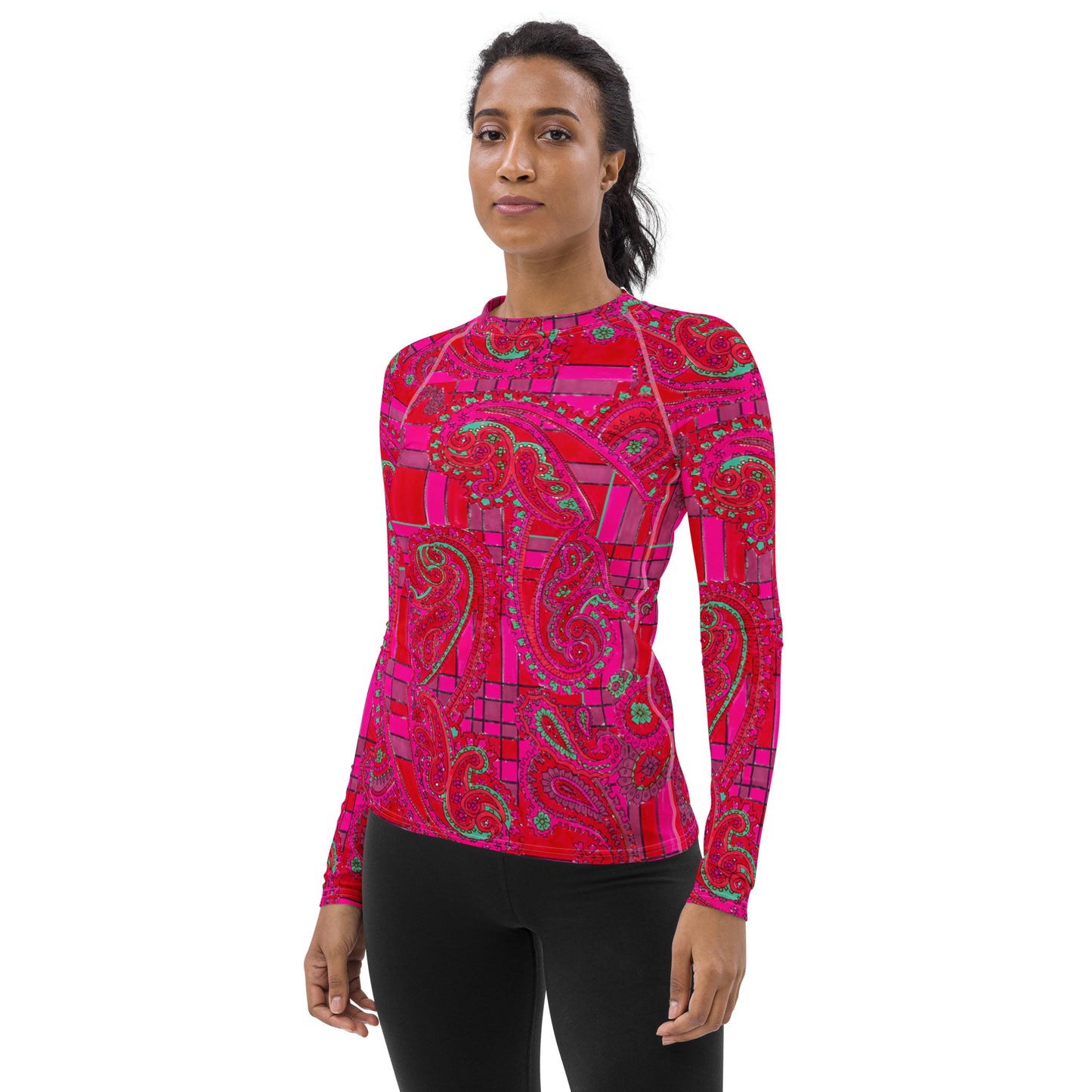 Bright Fuscia and Red Poppy Paisley on Plaid Long Sleeve Top