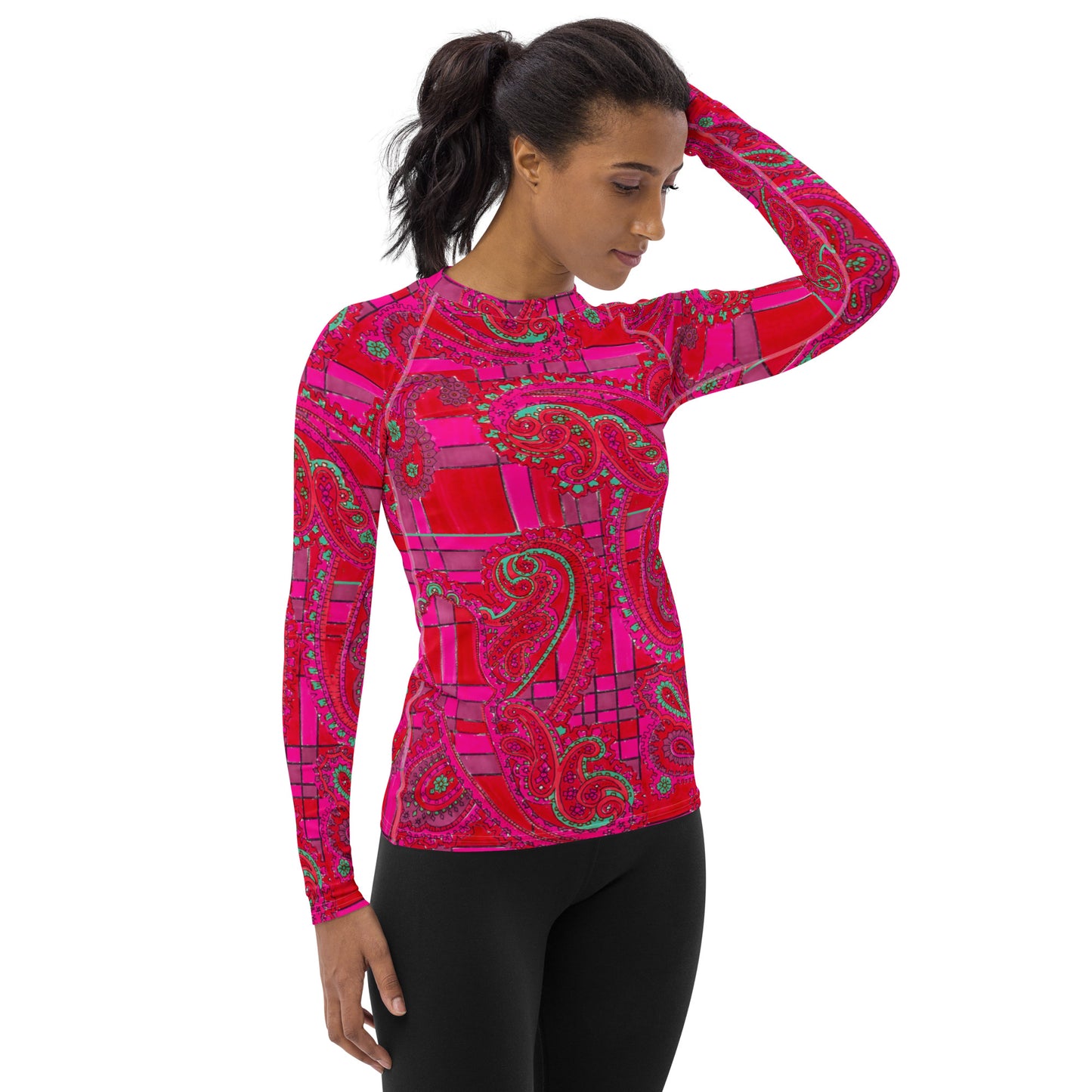 Bright Fuscia and Red Poppy Paisley on Plaid Long Sleeve Top