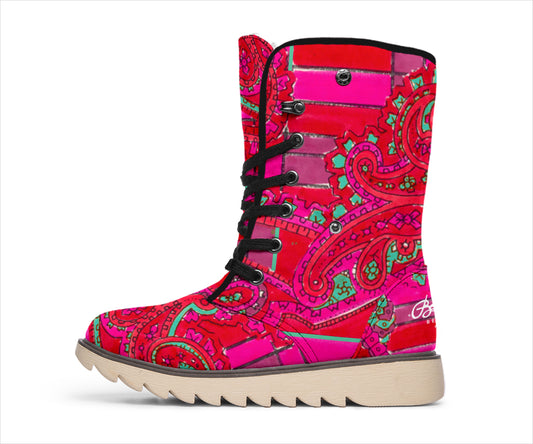 Bright Fuscia and Red Poppy Paisley on Plaid Polar Boots