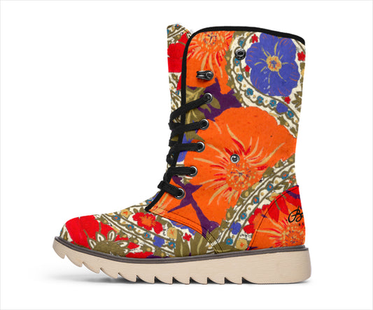 Orange Poppy Olive and Bright Sea Blue Paisley Polar Boots