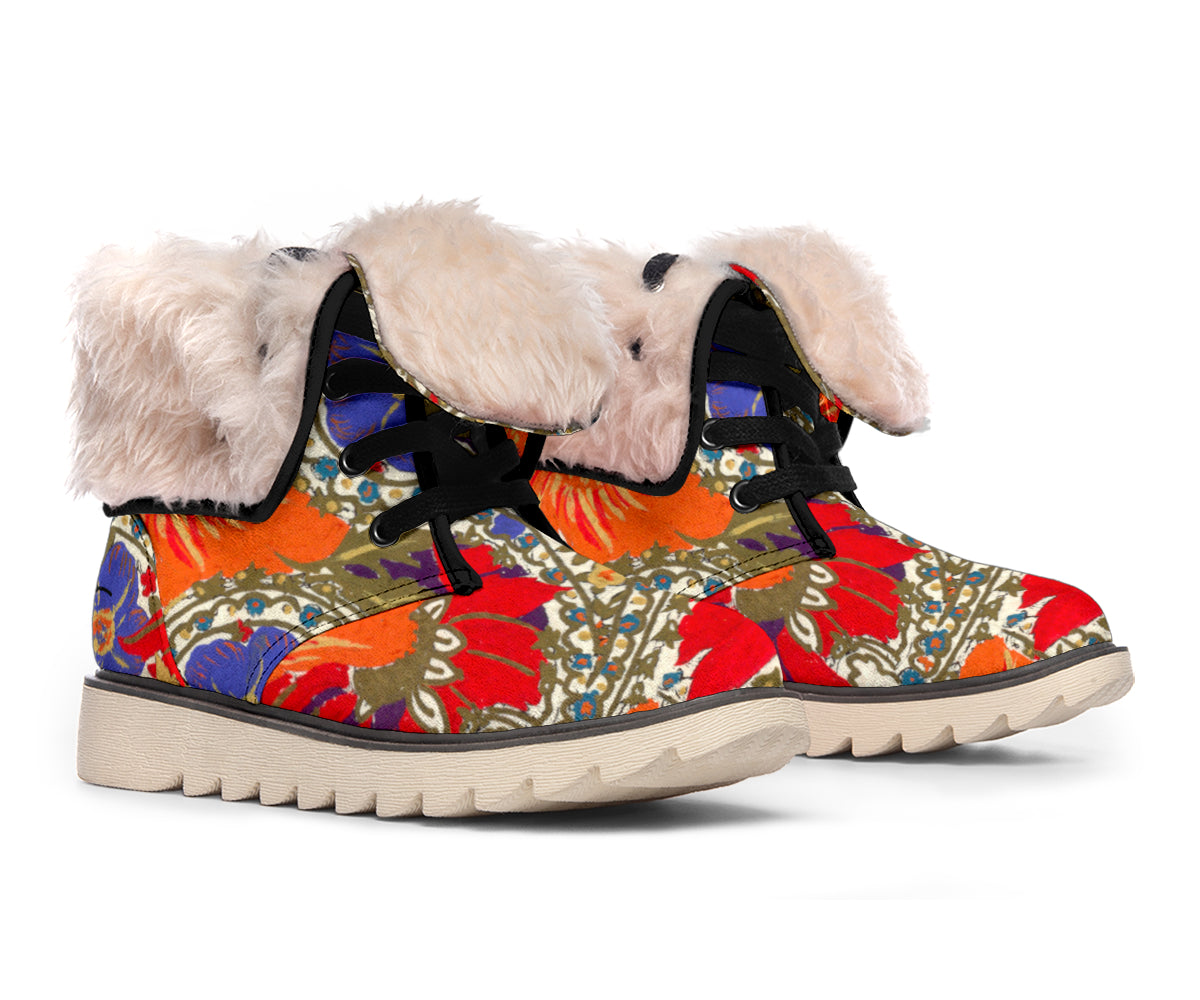 Orange Poppy Olive and Bright Sea Blue Paisley Polar Boots