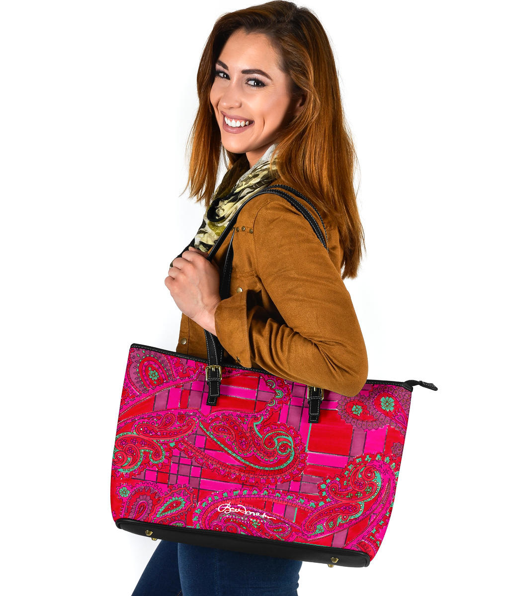 Bright Fuscia and Red Poppy Paisley on Plaid Large Tote Bag