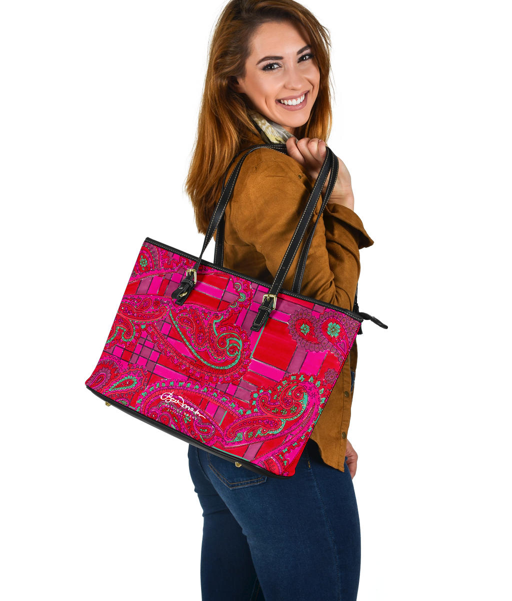 Bright Fuscia and Red Poppy Paisley on Plaid Large Tote Bag