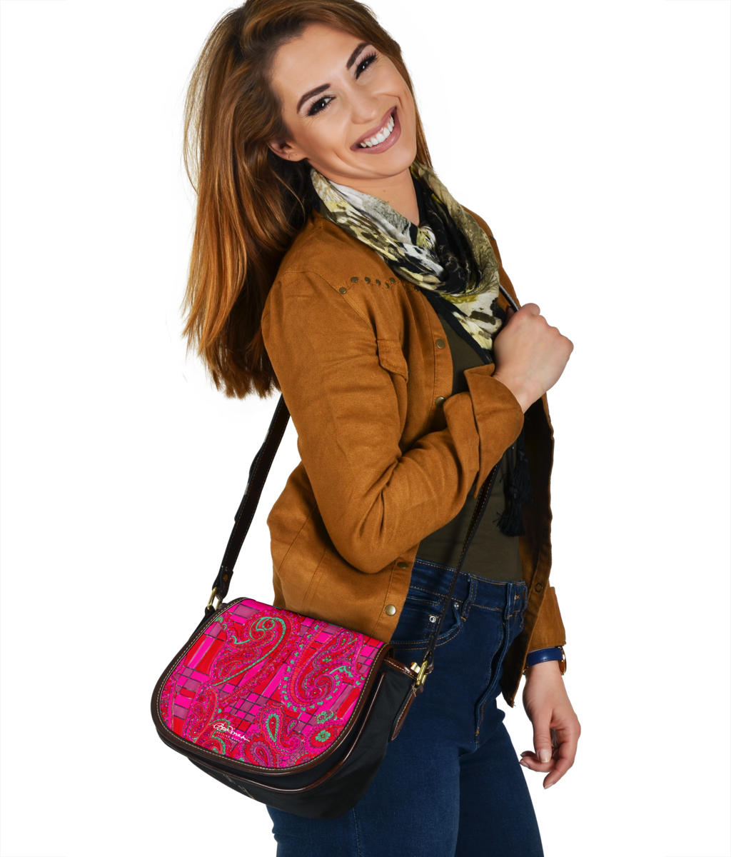 Bright Fuscia and Red Poppy Paisley on Plaid Saddle Shoulder Bag