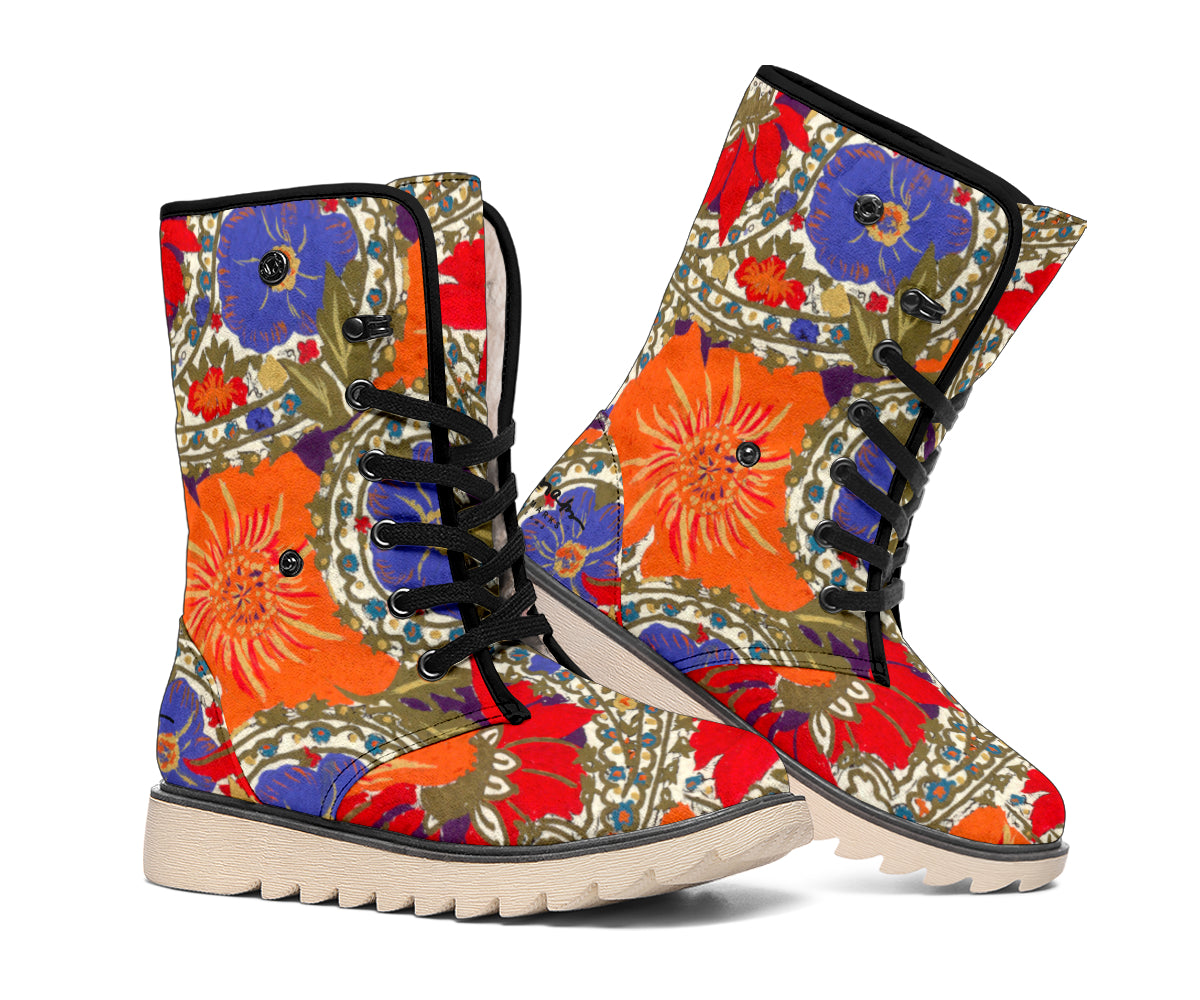 Orange Poppy Olive and Bright Sea Blue Paisley Polar Boots