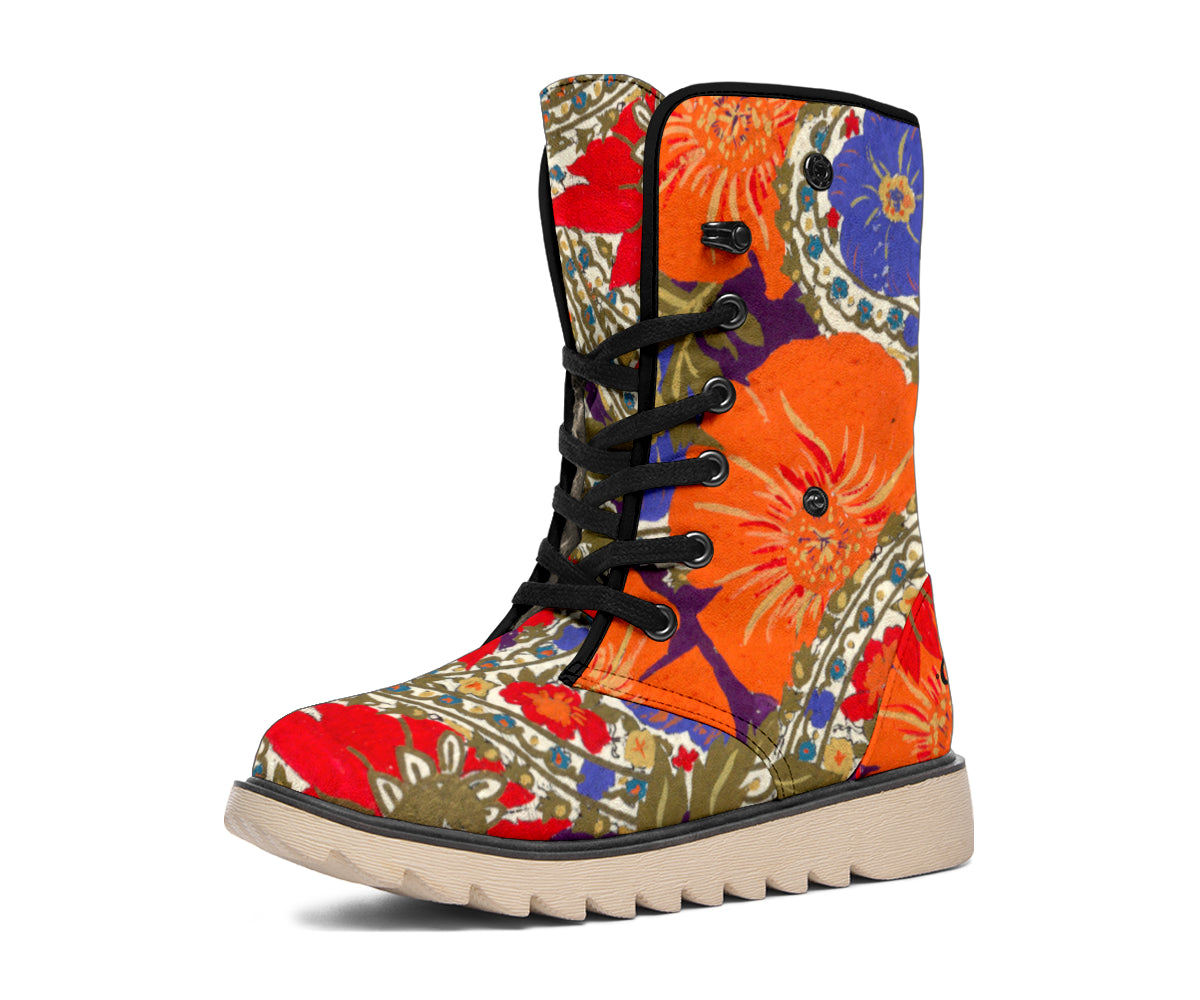 Orange Poppy Olive and Bright Sea Blue Paisley Polar Boots