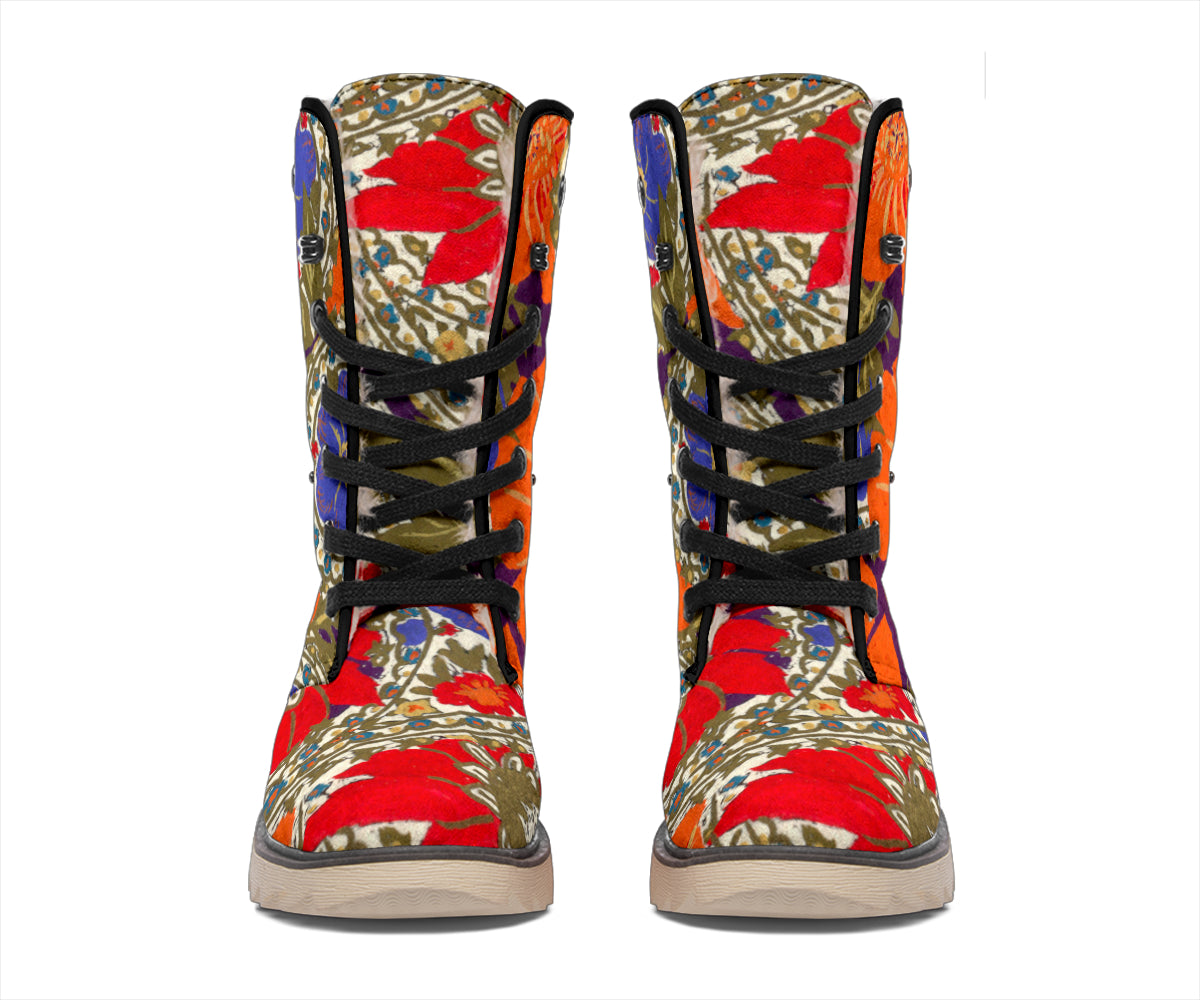 Orange Poppy Olive and Bright Sea Blue Paisley Polar Boots