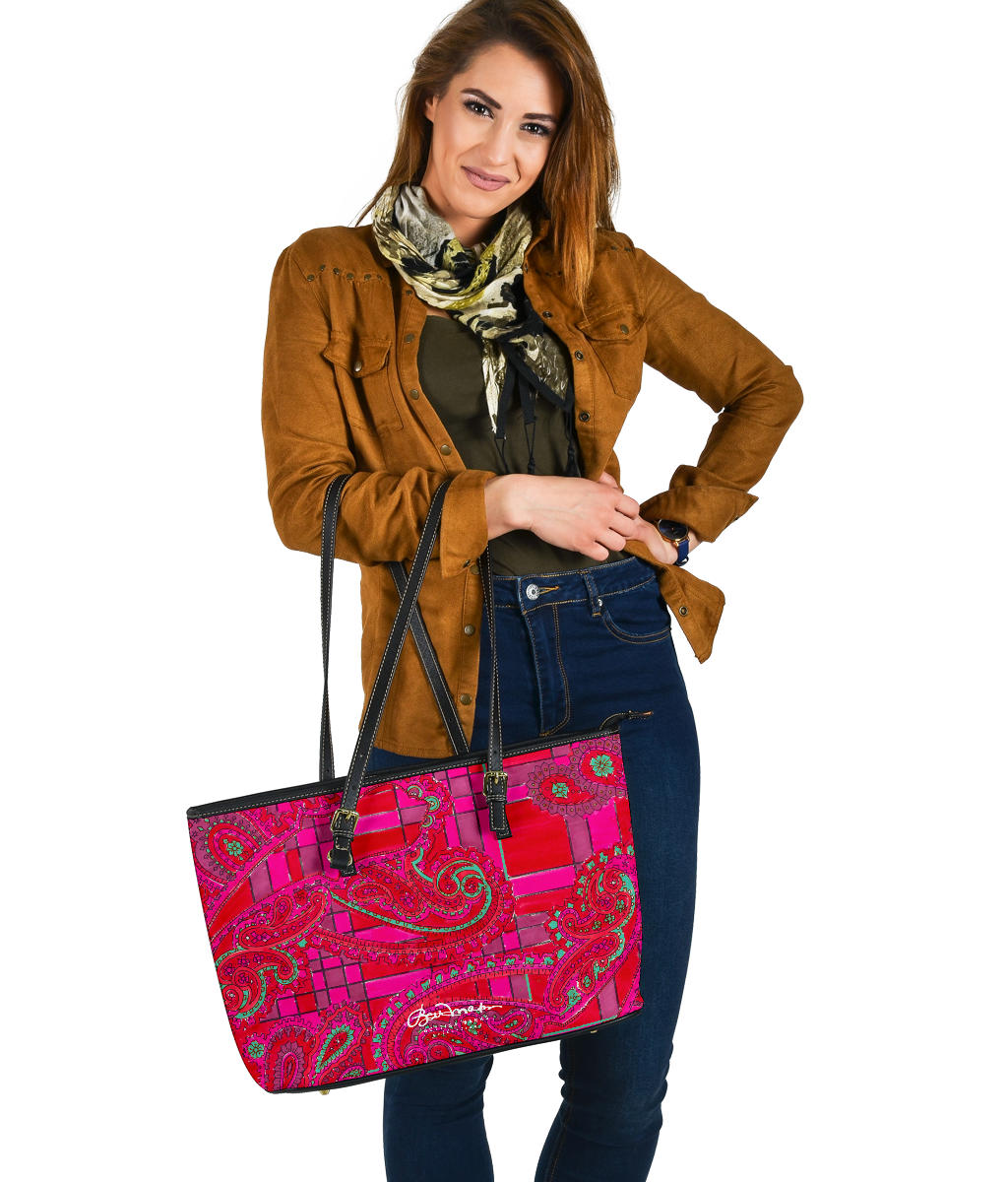 Bright Fuscia and Red Poppy Paisley on Plaid Large Tote Bag