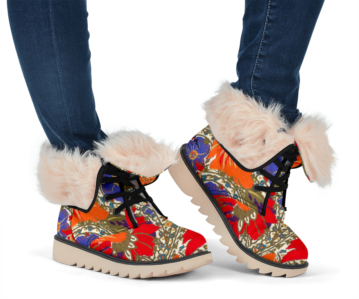 Orange Poppy Olive and Bright Sea Blue Paisley Polar Boots