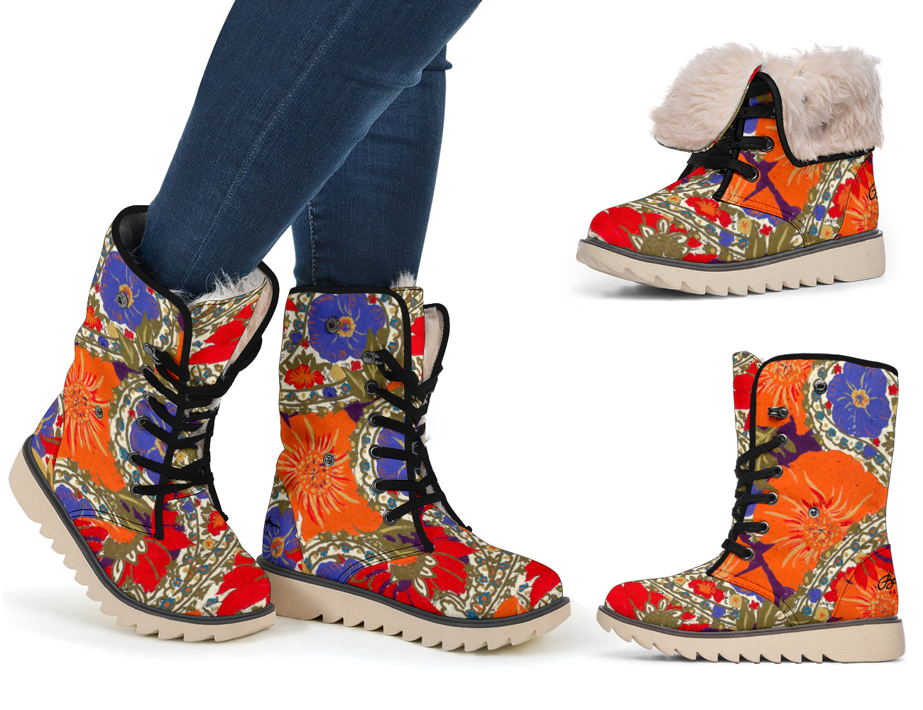 Orange Poppy Olive and Bright Sea Blue Paisley Polar Boots