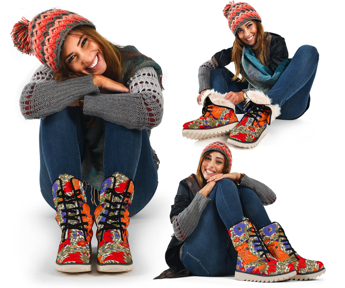 Orange Poppy Olive and Bright Sea Blue Paisley Polar Boots