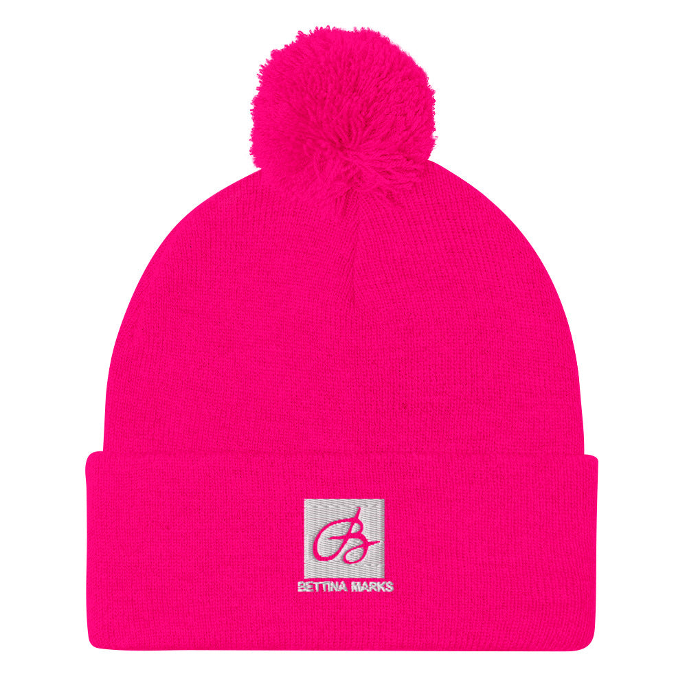 Neon Pink B logo Pom-Pom Beanie