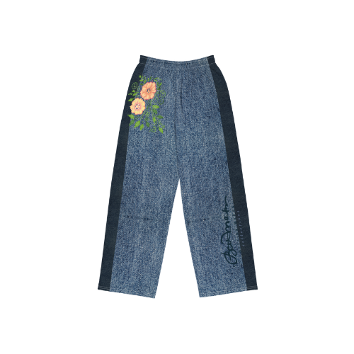 Unisex Wide Leg Faux Denim Print Floral Pants - Women