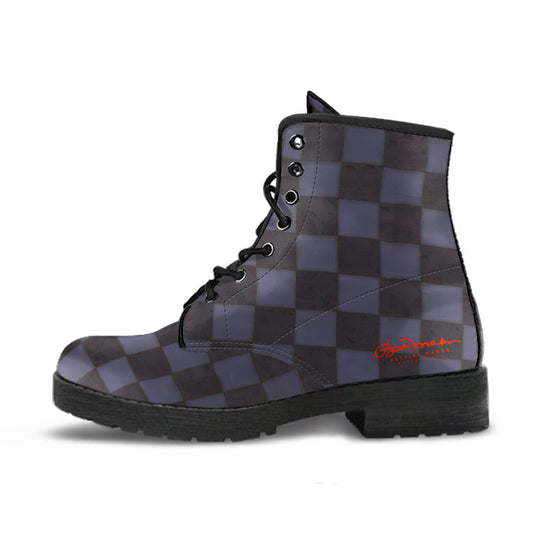 Slate Blue Checkerboard Leather Boots (Vegan)