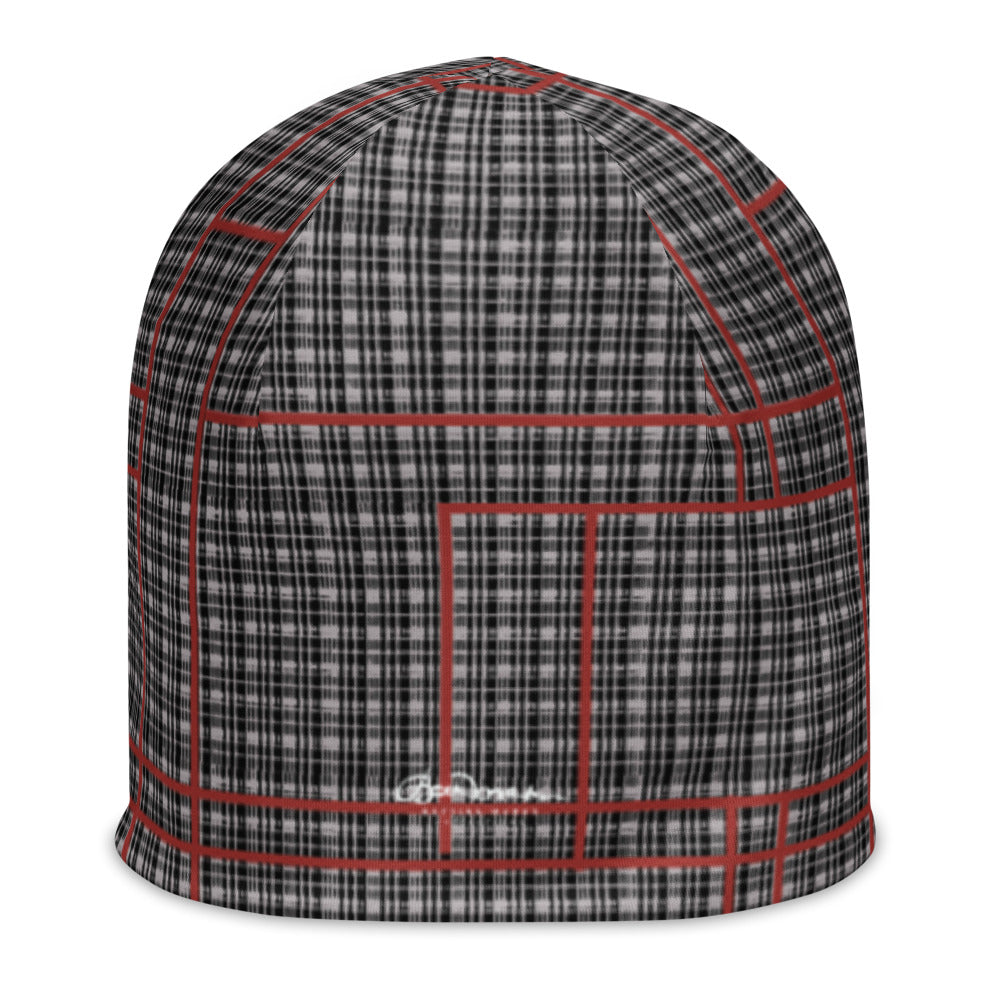 Grey Tight Plaid with Red Line All-Over Print Beanie