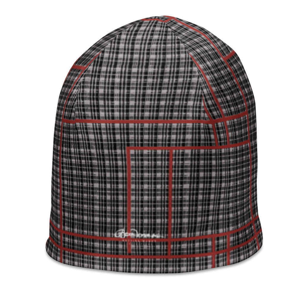 Grey Tight Plaid with Red Line All-Over Print Beanie