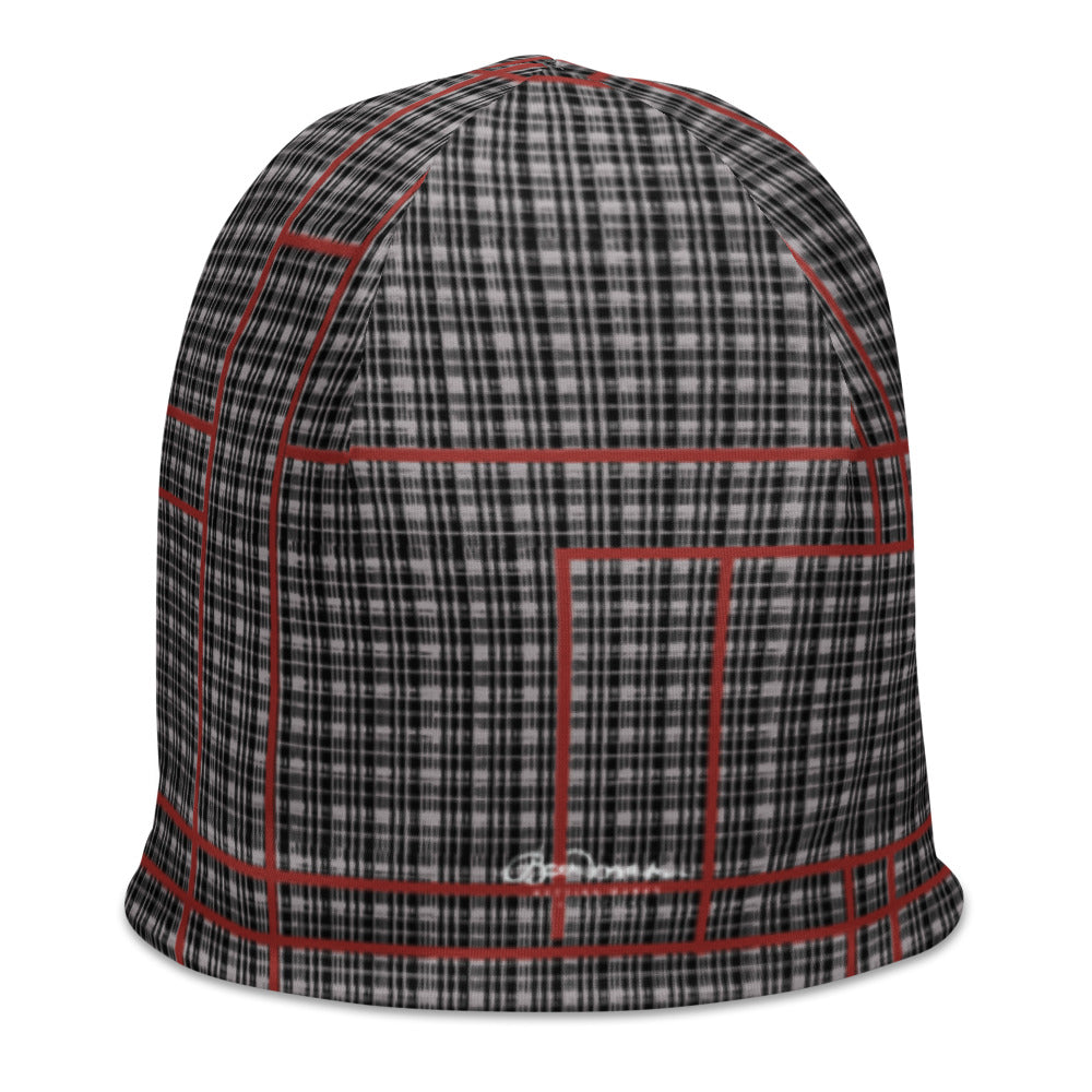 Grey Tight Plaid with Red Line All-Over Print Beanie