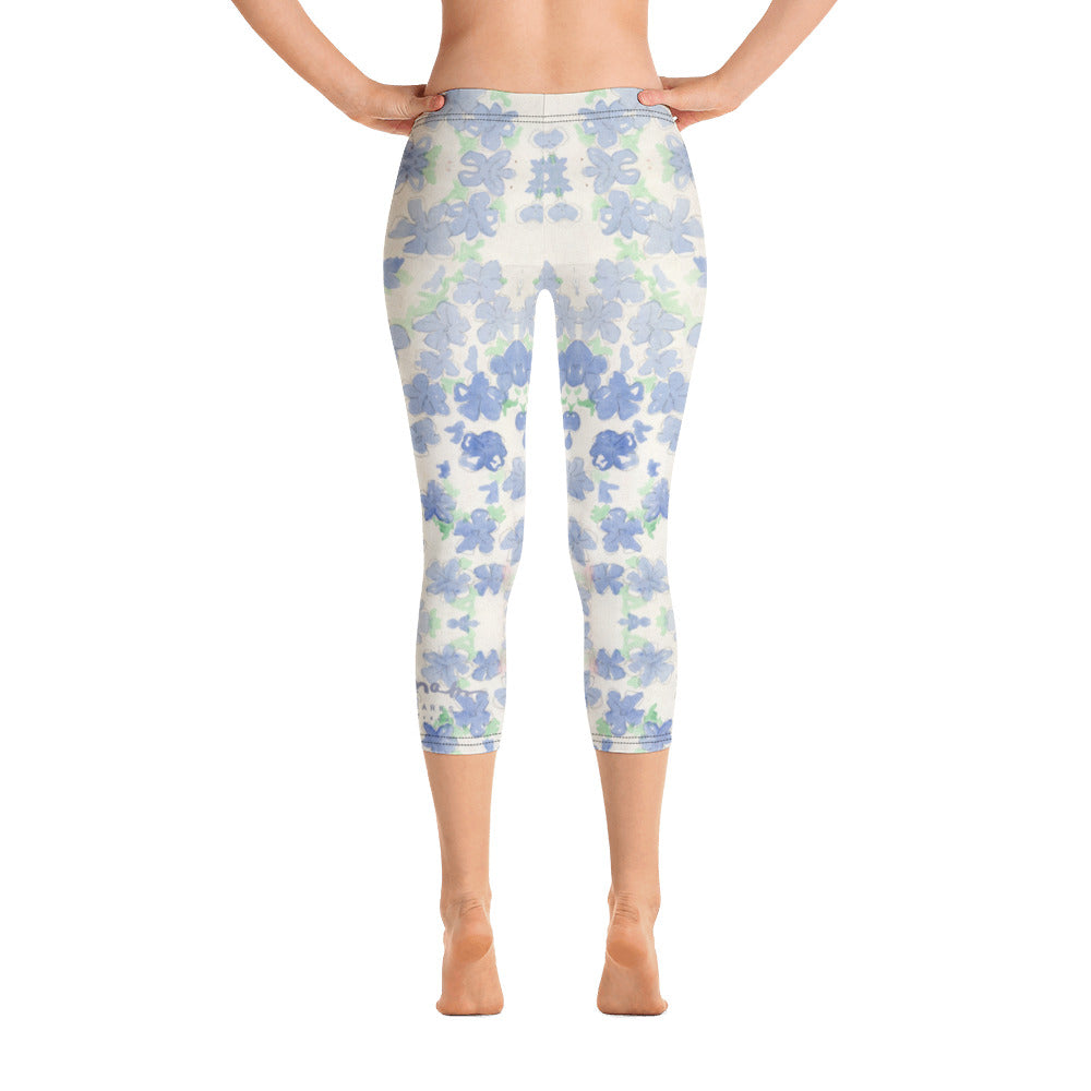 Blu&White Watercolor Floral Capri Leggings