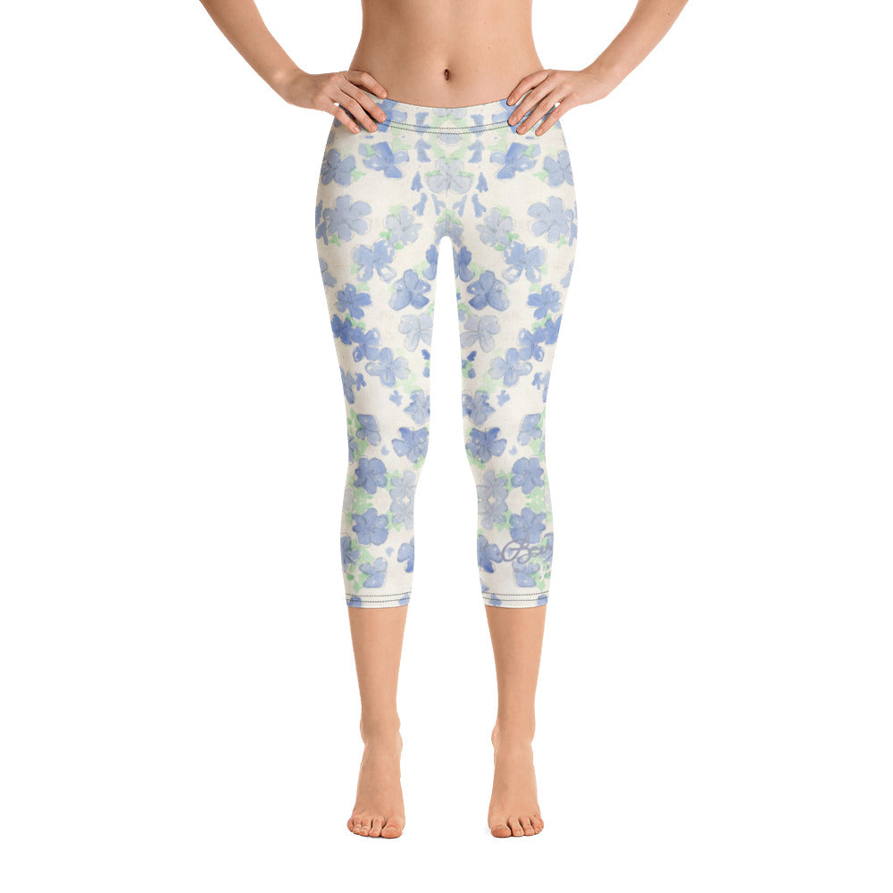 Blu&White Watercolor Floral Capri Leggings