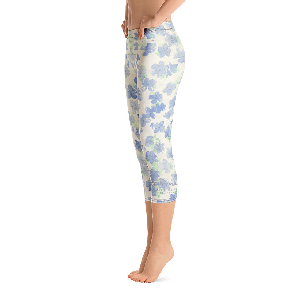 Blu&White Watercolor Floral Capri Leggings