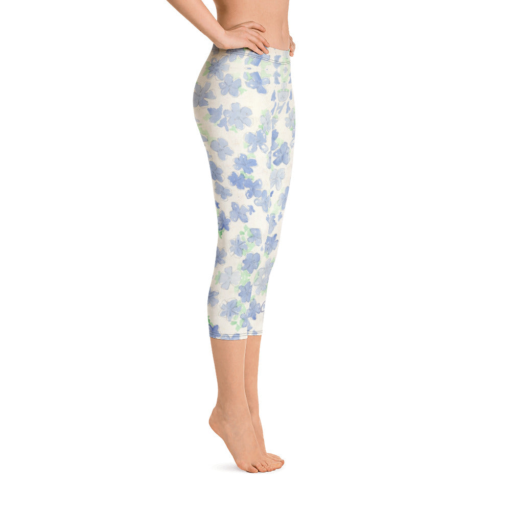 Blu&White Watercolor Floral Capri Leggings