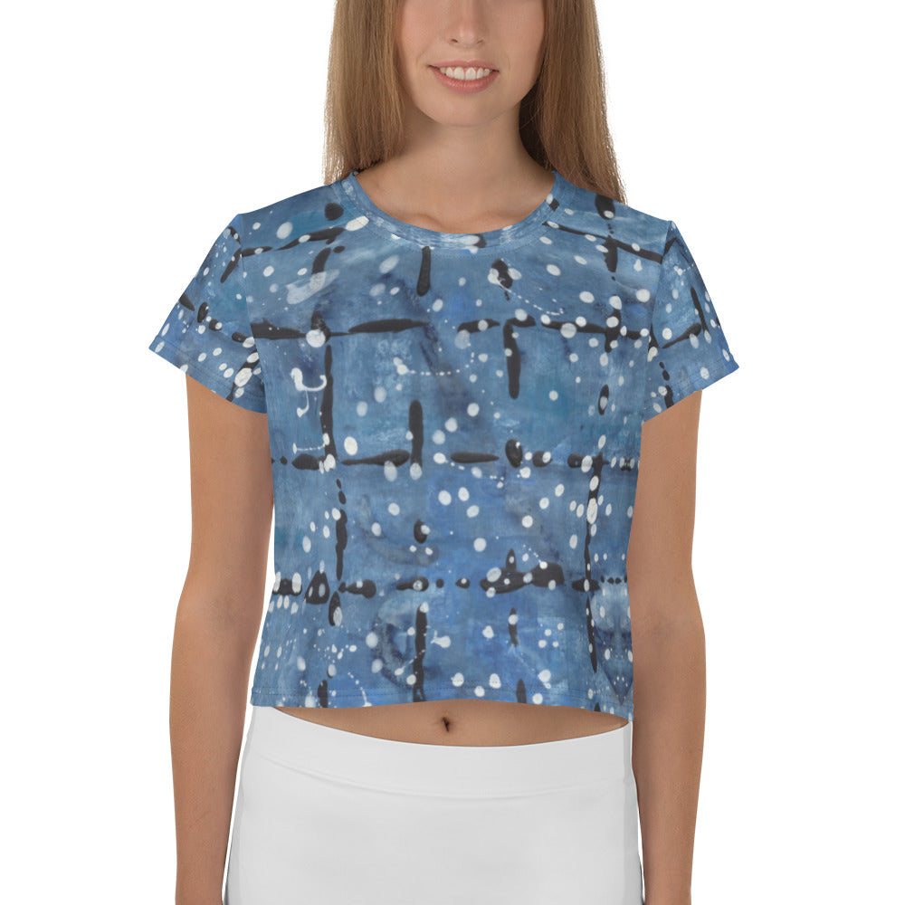 Blu&White Dotted Plaid Print Crop Tee