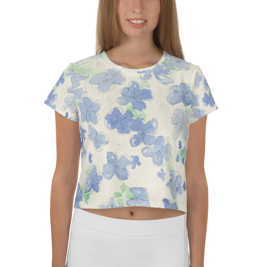 Blu&White Watercolor Floral Print Crop Tee