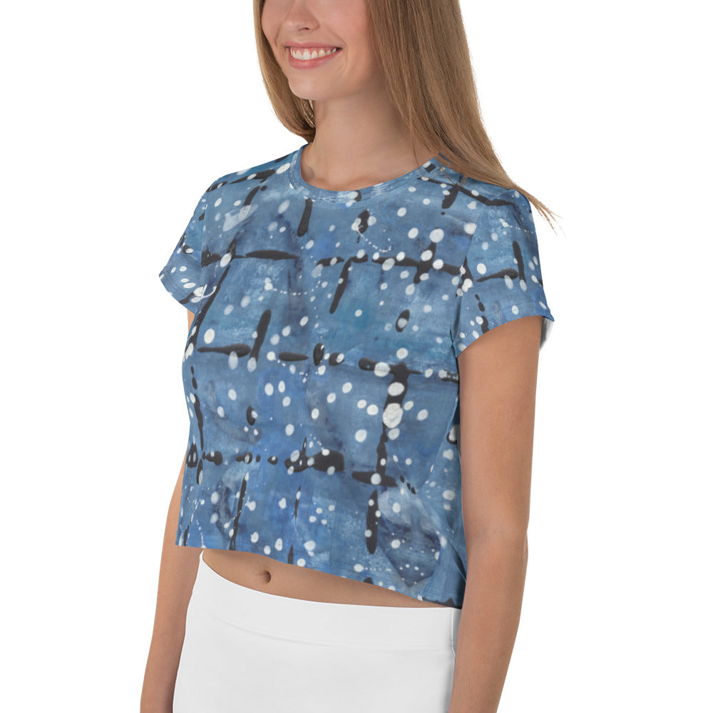 Blu&White Dotted Plaid Print Crop Tee