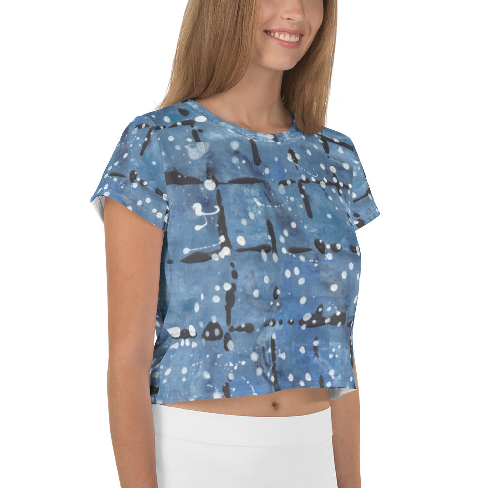 Blu&White Dotted Plaid Print Crop Tee