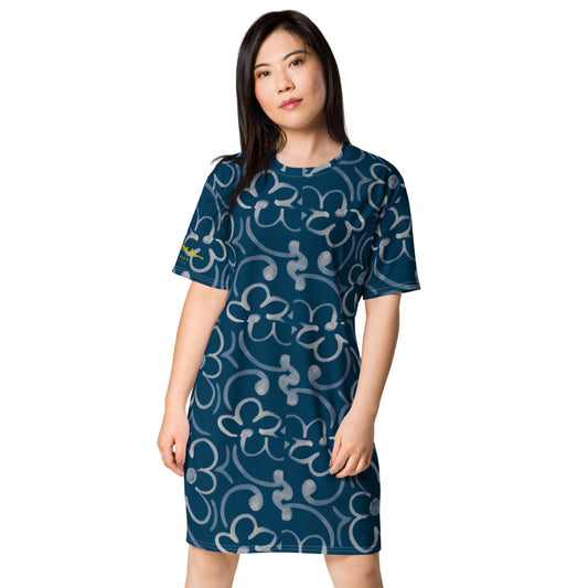 BlueWhiteLinearFloral T-shirt dress