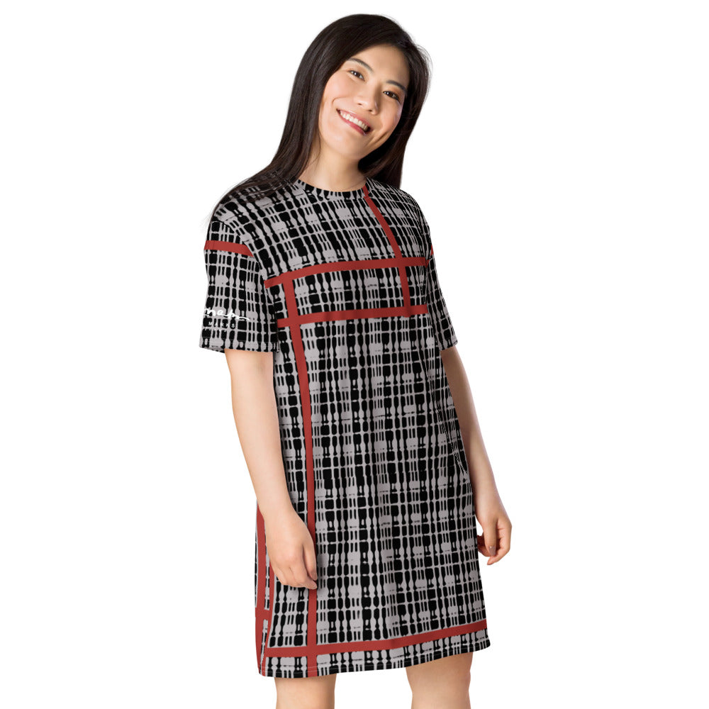 Red Grey Tight Plaid T-shirt dress